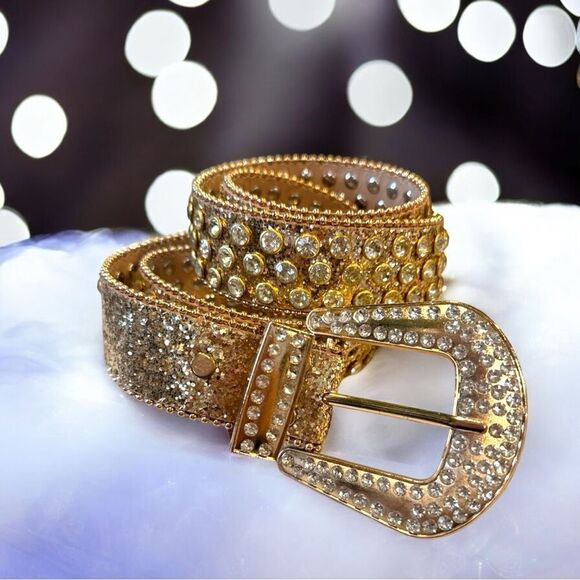 Gold Buckle Decorated Belt w/ White Studded Rhinestones l New main image 5